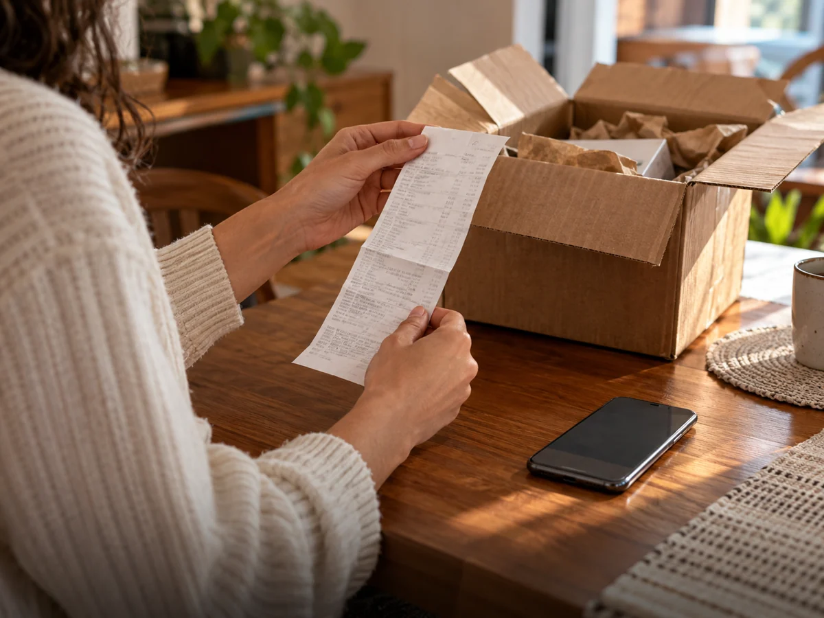 Conferência de uma compra, com recibo, embalagem e celular.