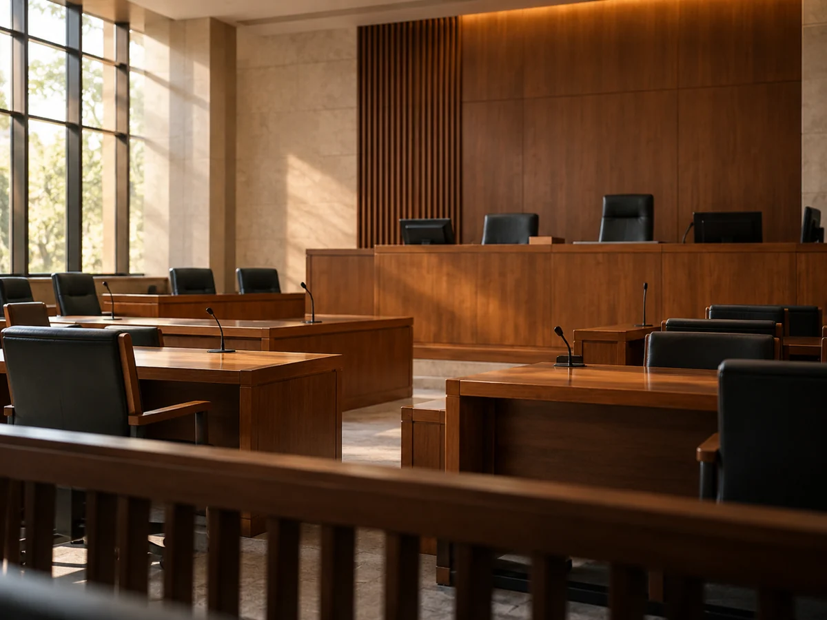 Ambiente de um tribunal contemporâneo, sem pessoas.