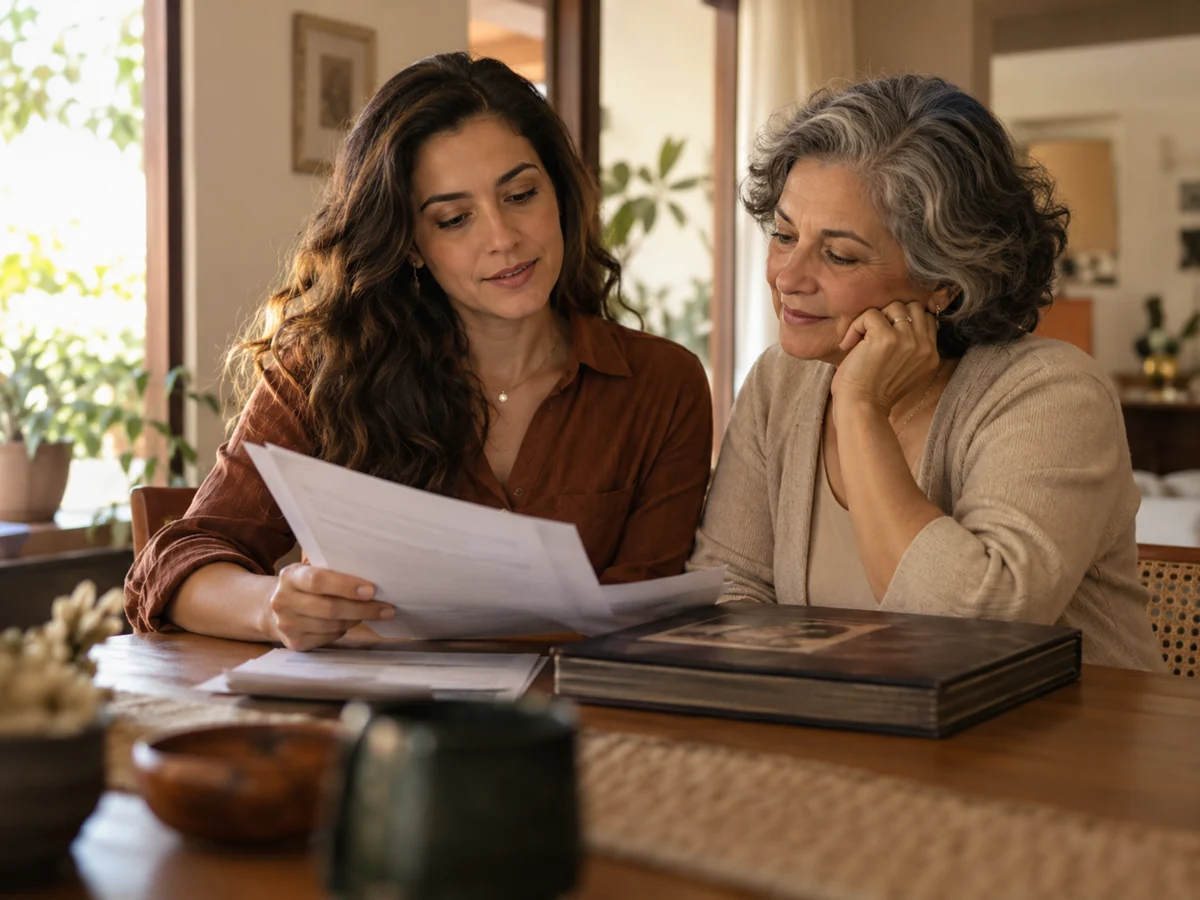 Mãe e filha adultas conversando sobre documentos de família.