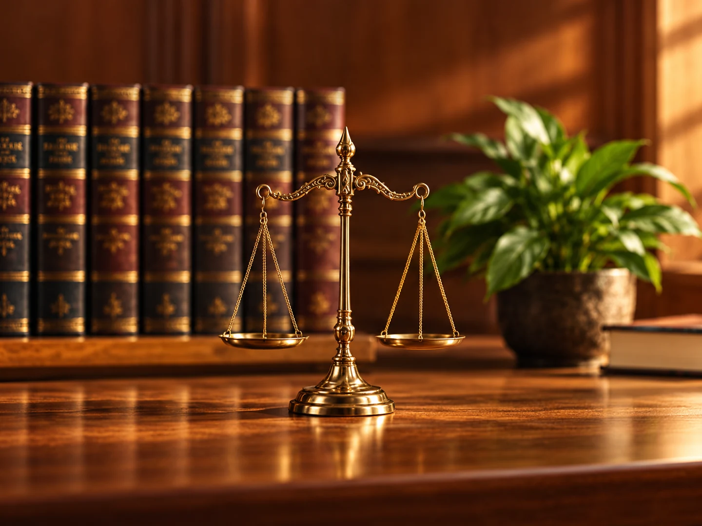 Balança da justiça em uma mesa de madeira, com livros jurídicos ao fundo.